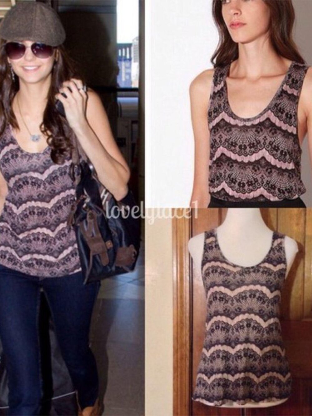 Silence & Noise Lace Printed Zip Back Tank ASO Nina Dobrev Medium